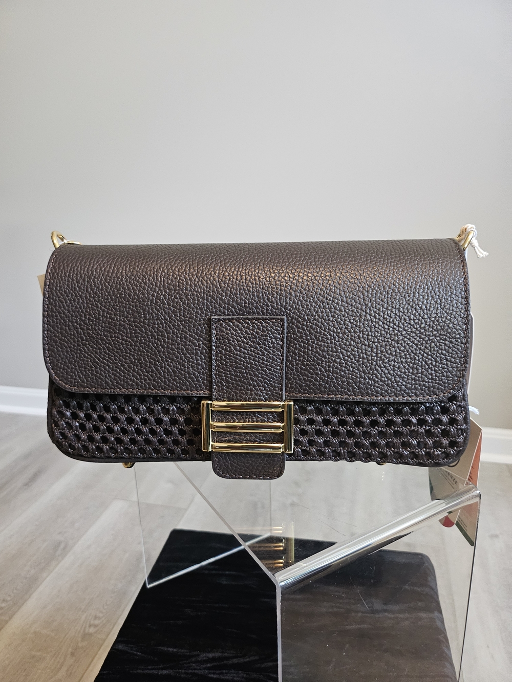 Divina Firenze – Double Chocolate Brown Crochet & Italian Leather Shoulder Bag